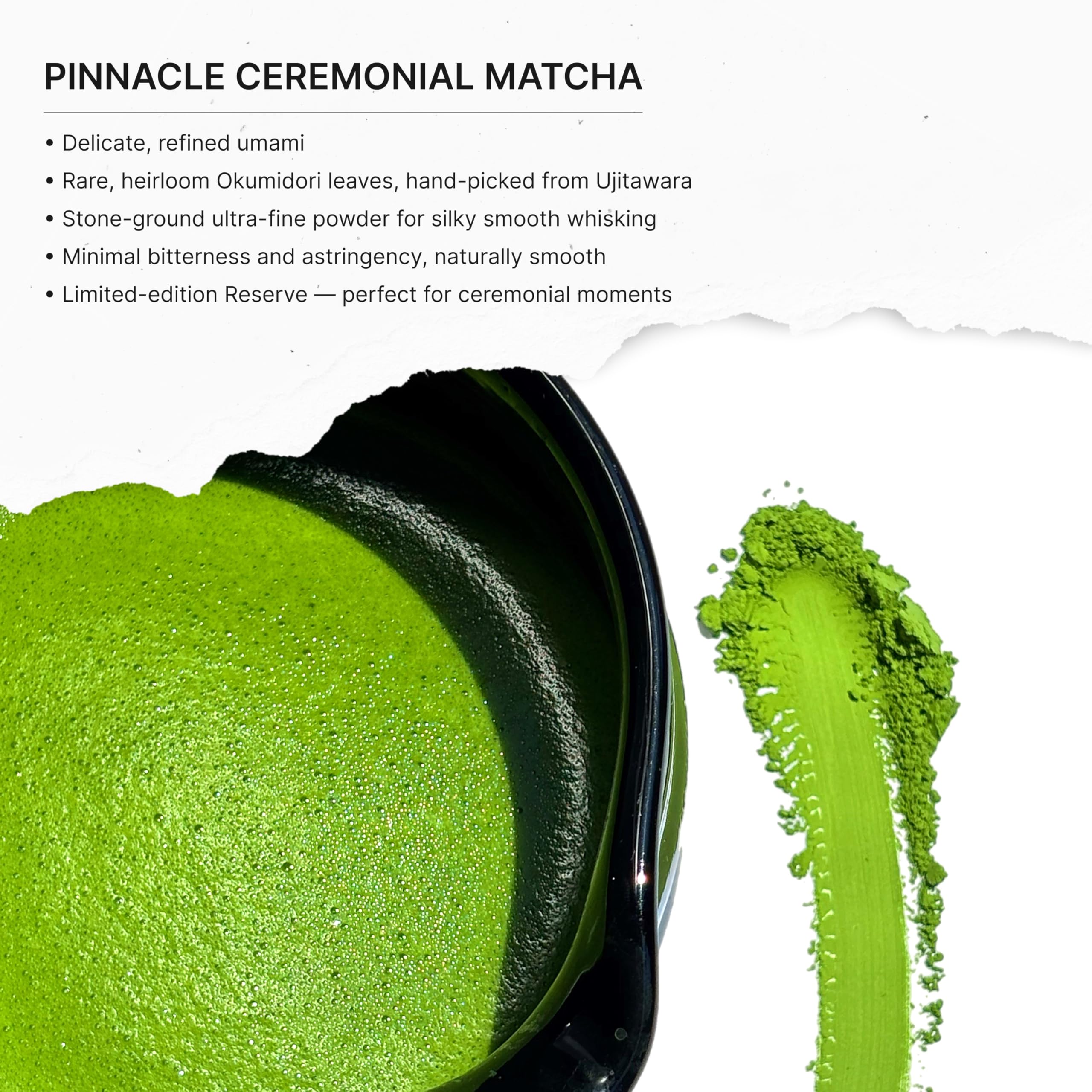 FKRO tin opened to reveal vivid jade matcha powder, indicating freshness and texture