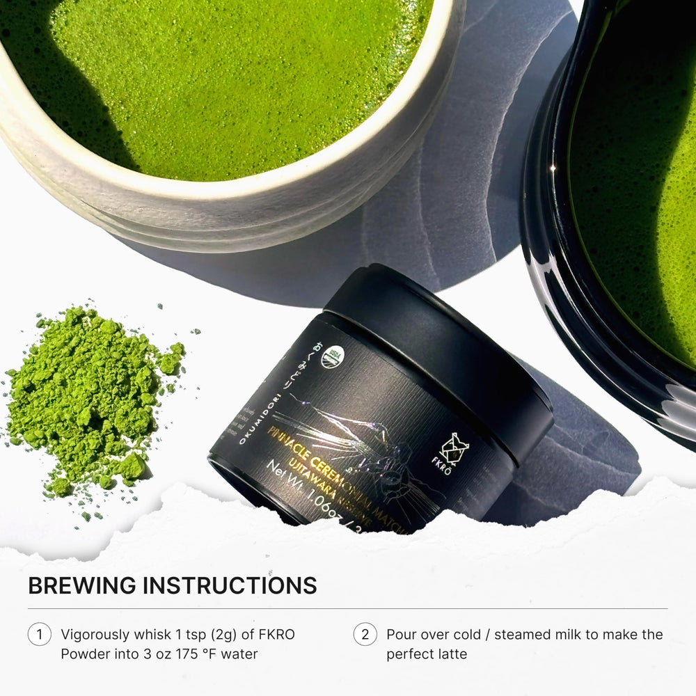 Whisked cup of FKRO matcha with froth, demonstrating smooth umami and creamy mouthfeel
