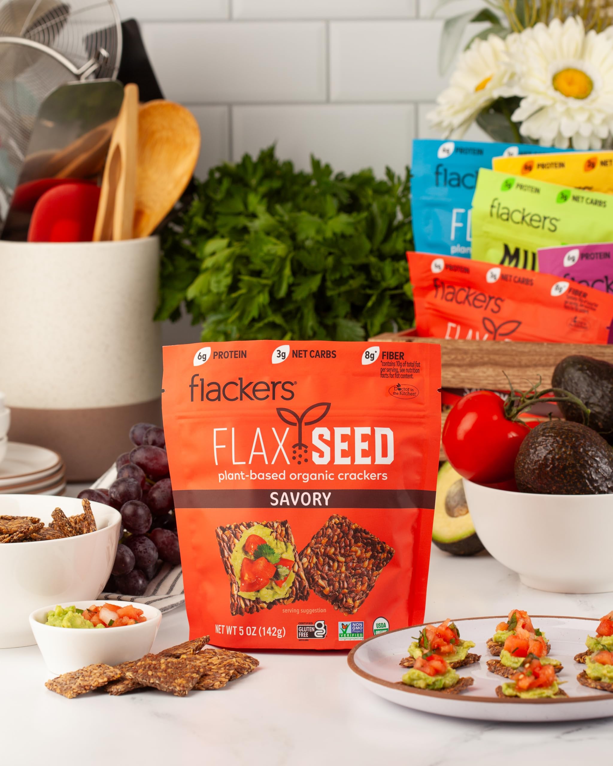 Flackers crackers on plate with dip showcasing sturdy crunch for topping support