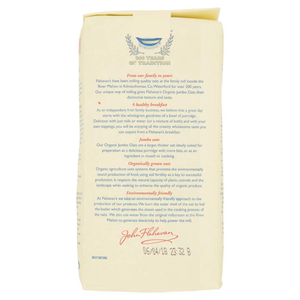 Flahavan's label detail showing organic certification and milling origin for trust