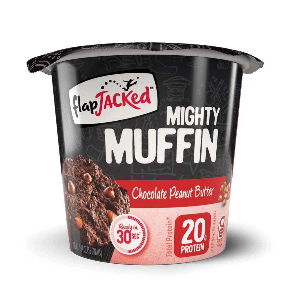 FlapJacked front packaging showing Chocolate Peanut Butter muffins and benefits