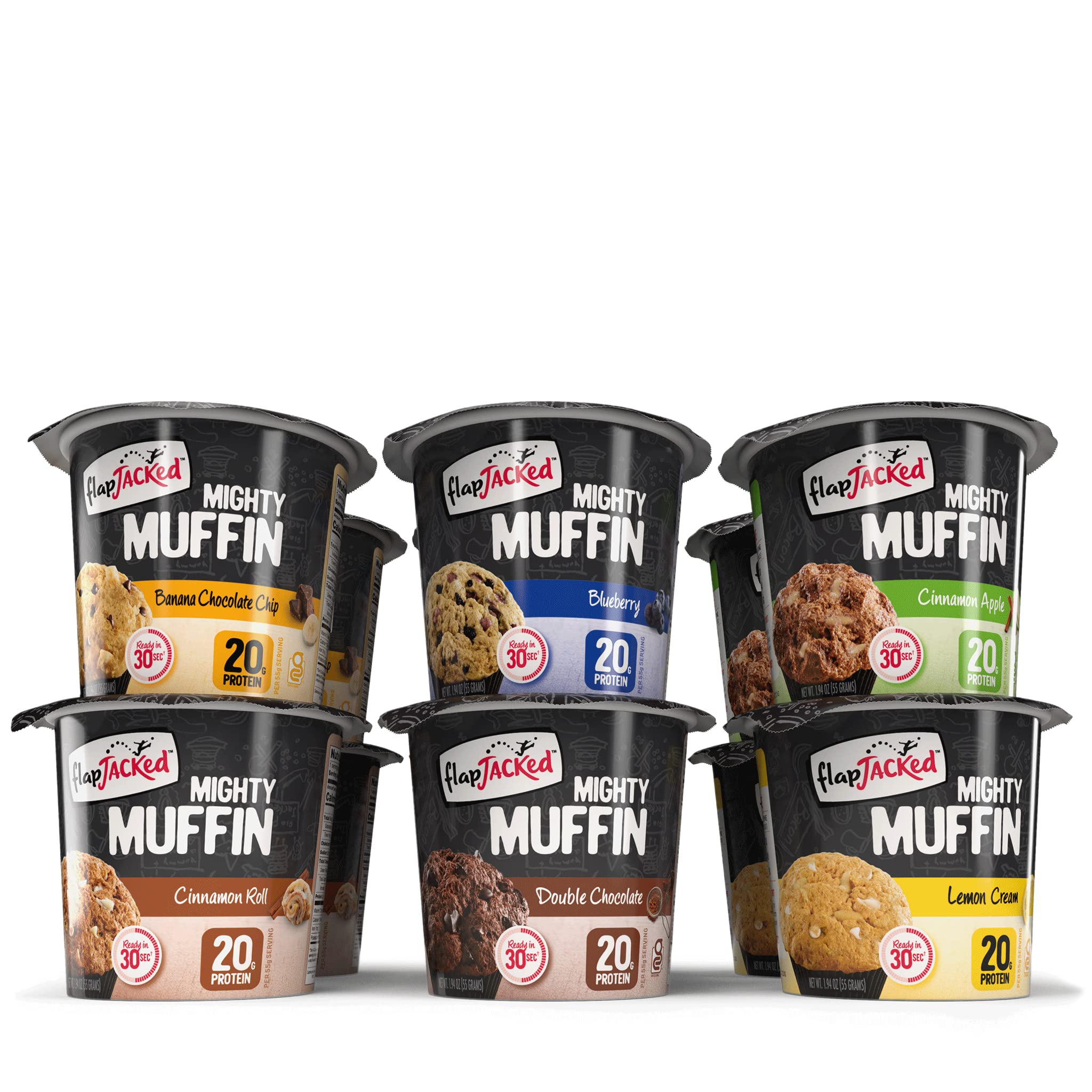 FlapJacked front packaging showing all six muffin flavors and variety pack benefits