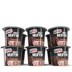 Hand holding FlapJacked muffin package showing single-serve size and portability