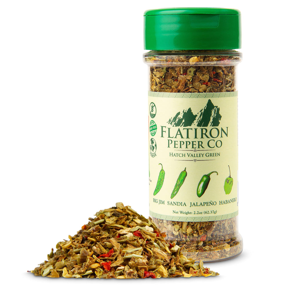 Flatiron Spice green chile flakes close-up texture highlighting fresh flavor