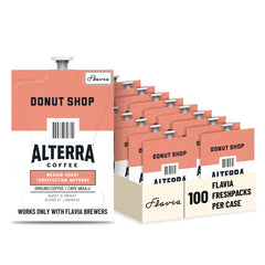 Flavia Alterra front packaging showing a case of 100 Freshpacks and easy storage benefit