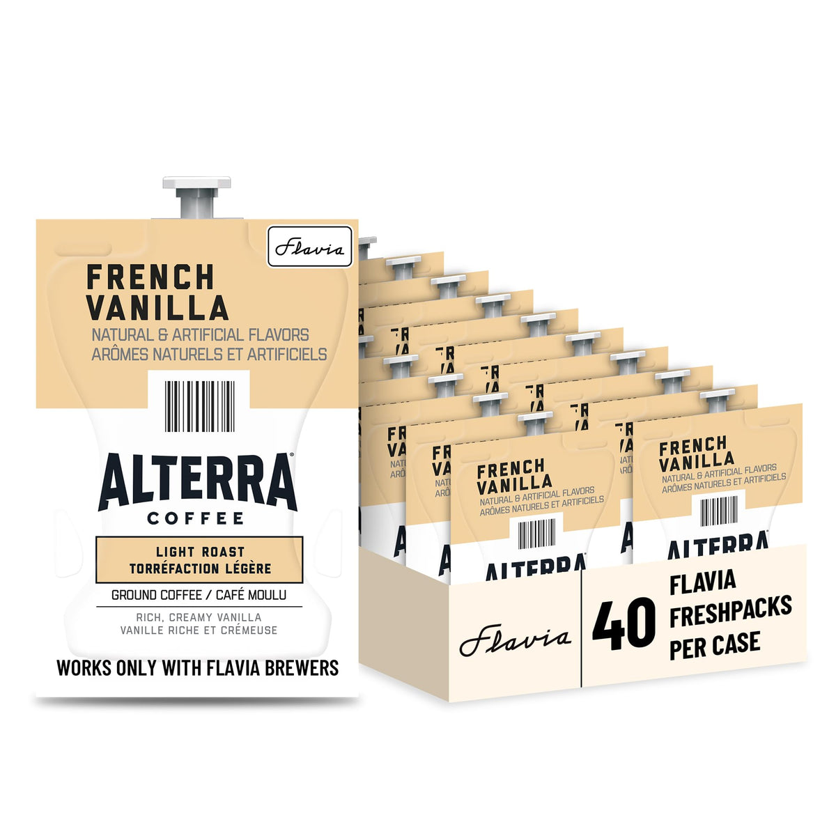 Flavia front packaging of Alterra French Vanilla case showing 40 Freshpacks for convenience