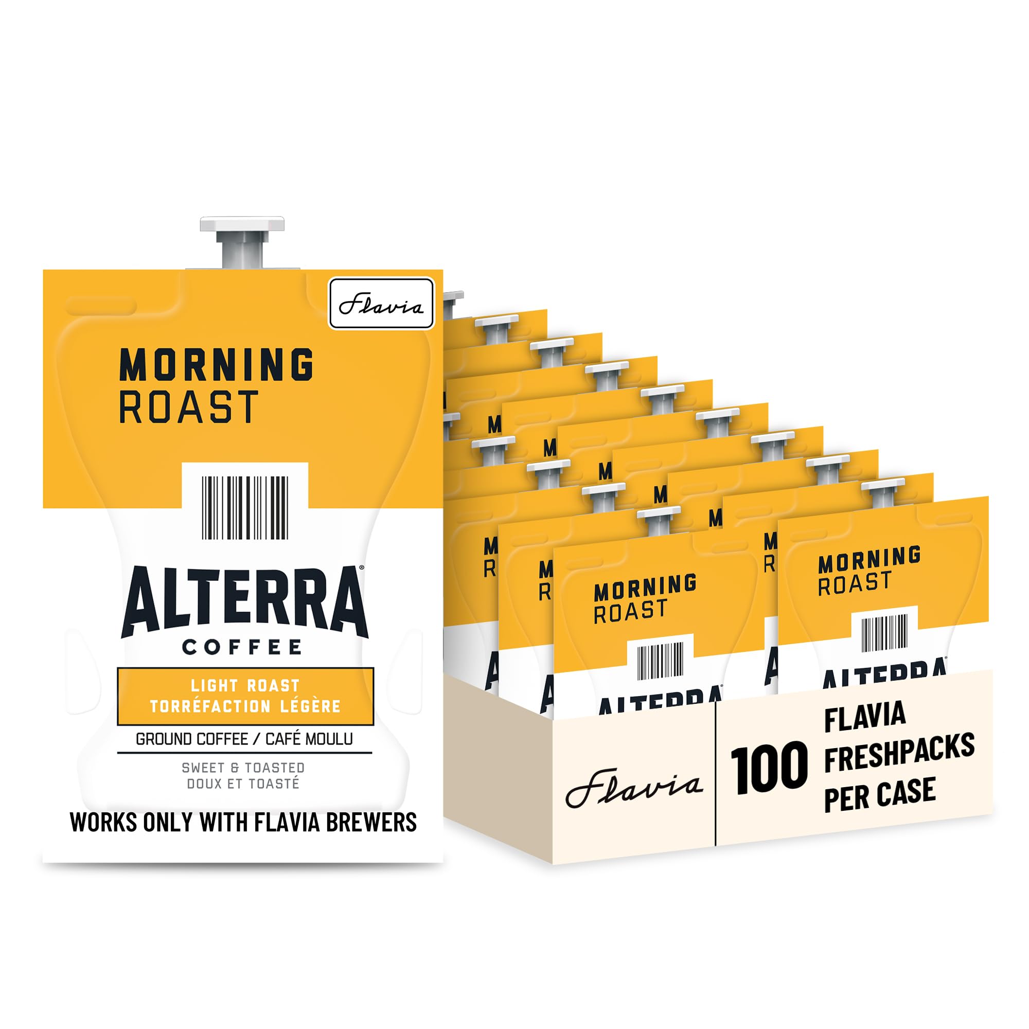 Flavia Alterra front box showing case of 100 Freshpacks and branding benefit freshness