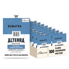 Flavia Alterra Sumatra front packaging showing case of 100 for reliable supply