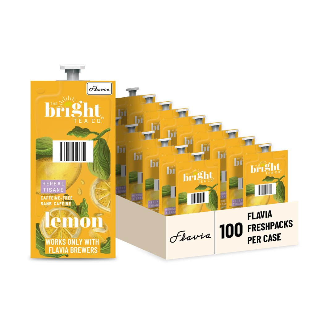 Flavia front packaging showing Bright Tea Co. lemon Freshpacks and clear labeling, convenient supply