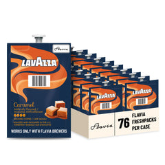 Flavia Lavazza front packaging showing case of 76 Freshpacks and labeling benefit
