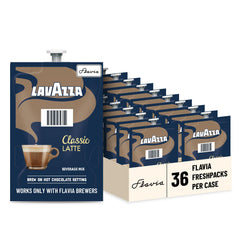Flavia Lavazza front packaging showing case of 36 and product branding for convenience