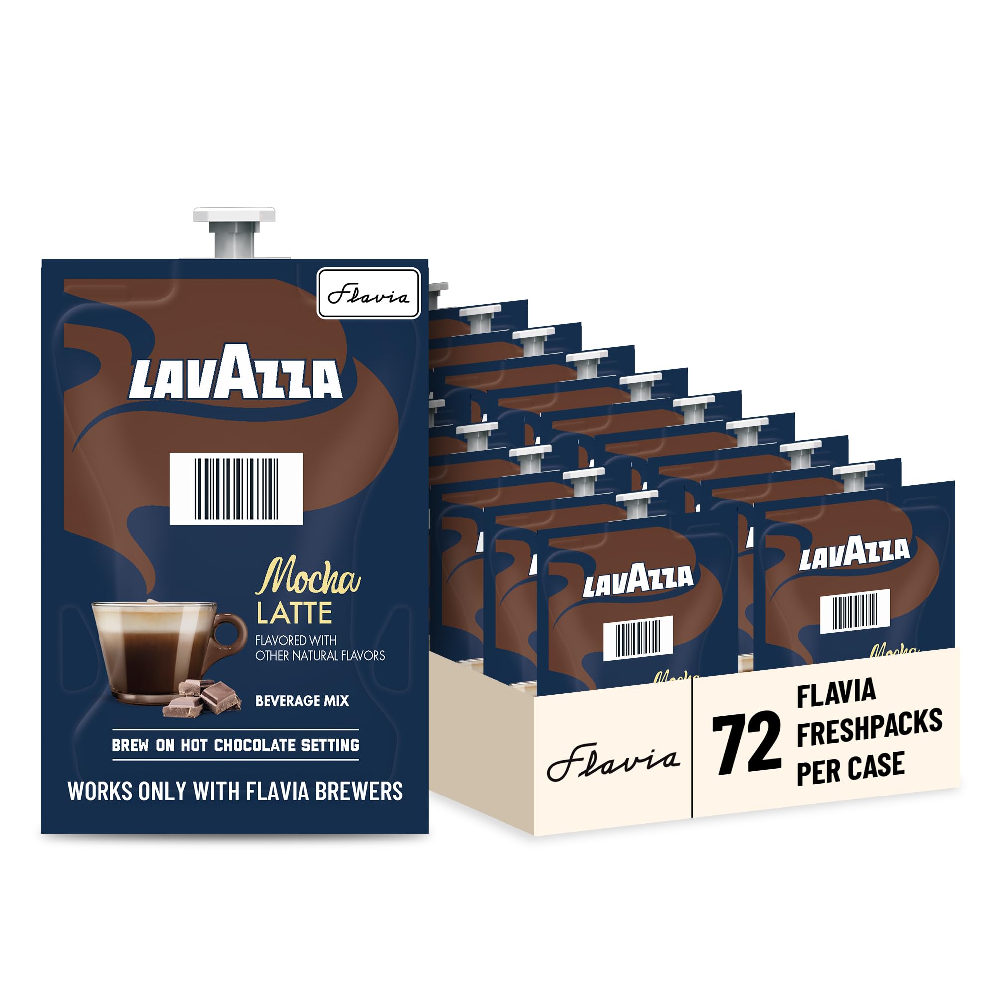 Flavia Lavazza front packaging showing case of 72 freshpacks and convenience
