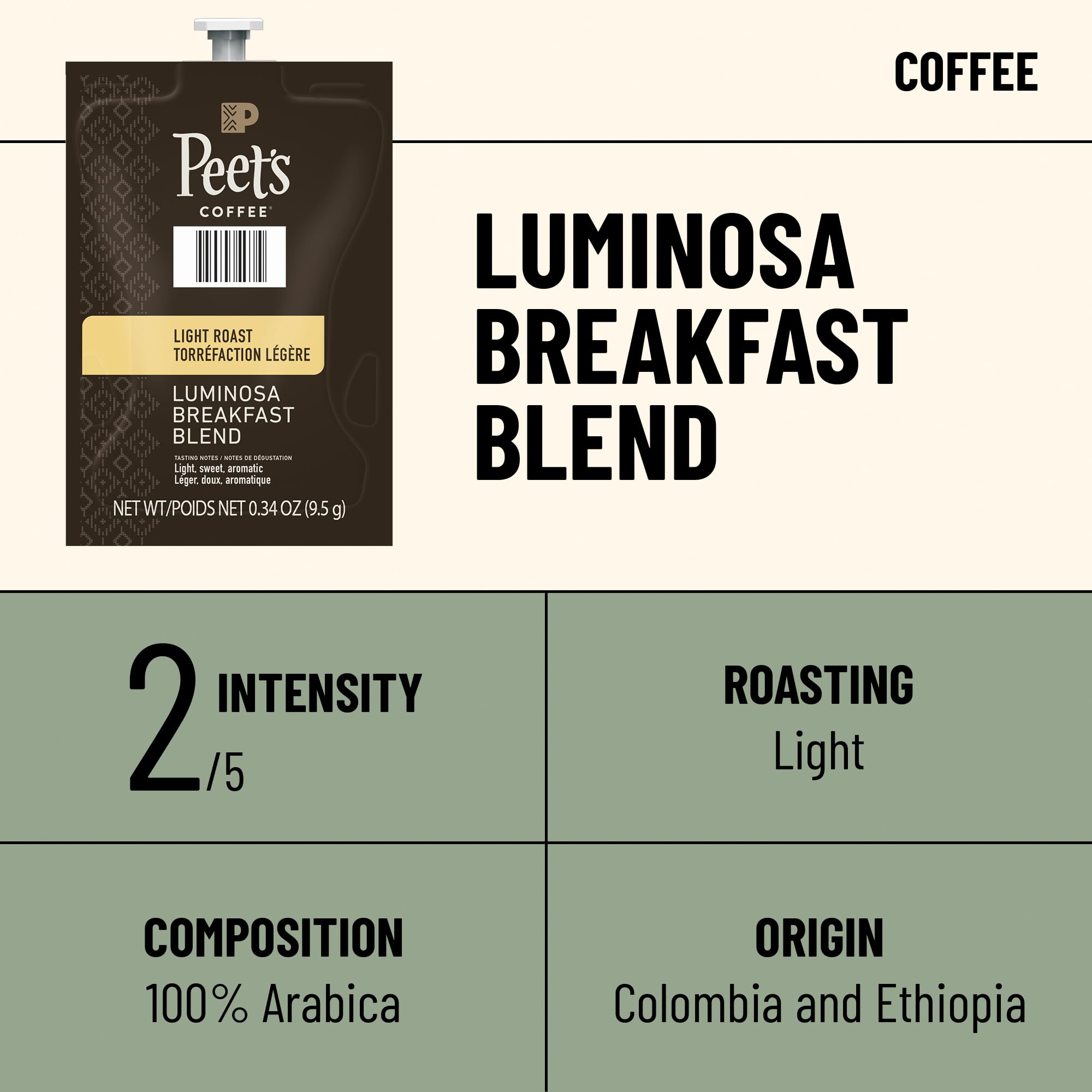 Flavia Peet's Colombia Luminosa ground coffee pouring shows aroma and clarity