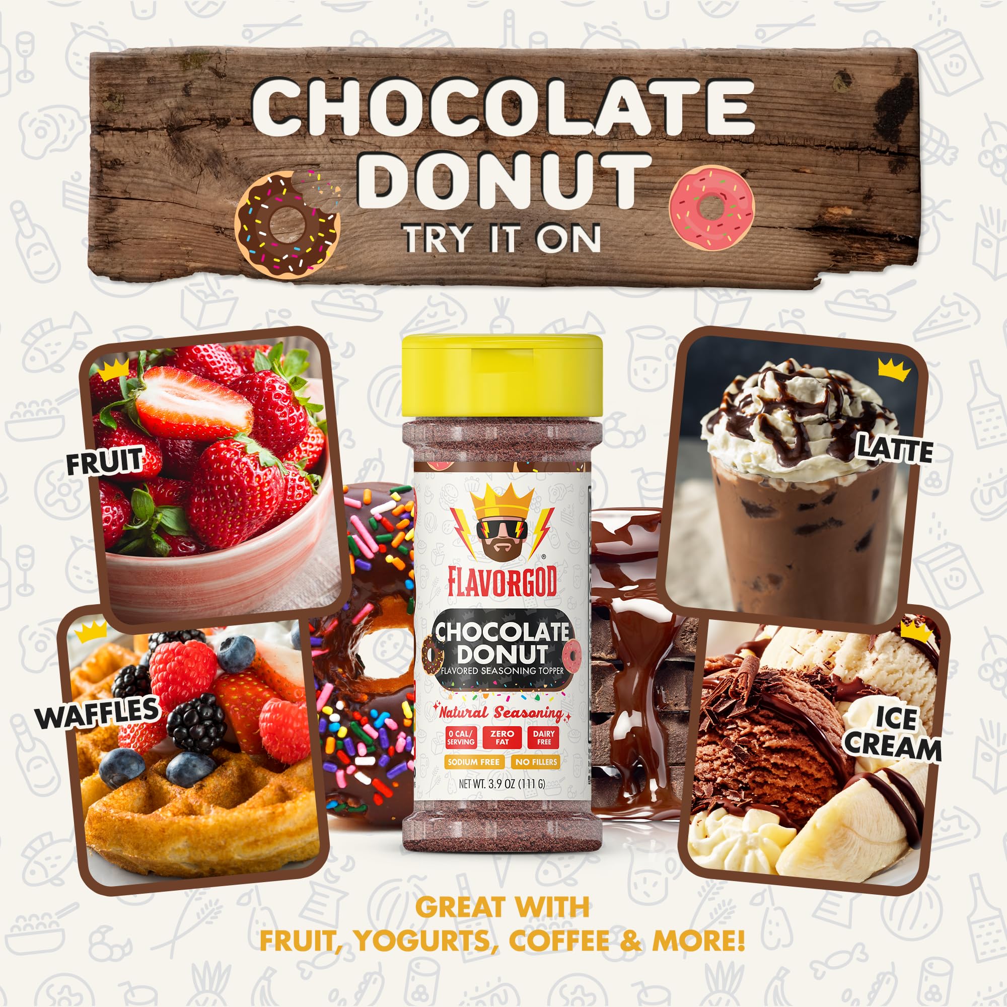 Flavor God topper sprinkled on pancakes, adds chocolate donut flavor