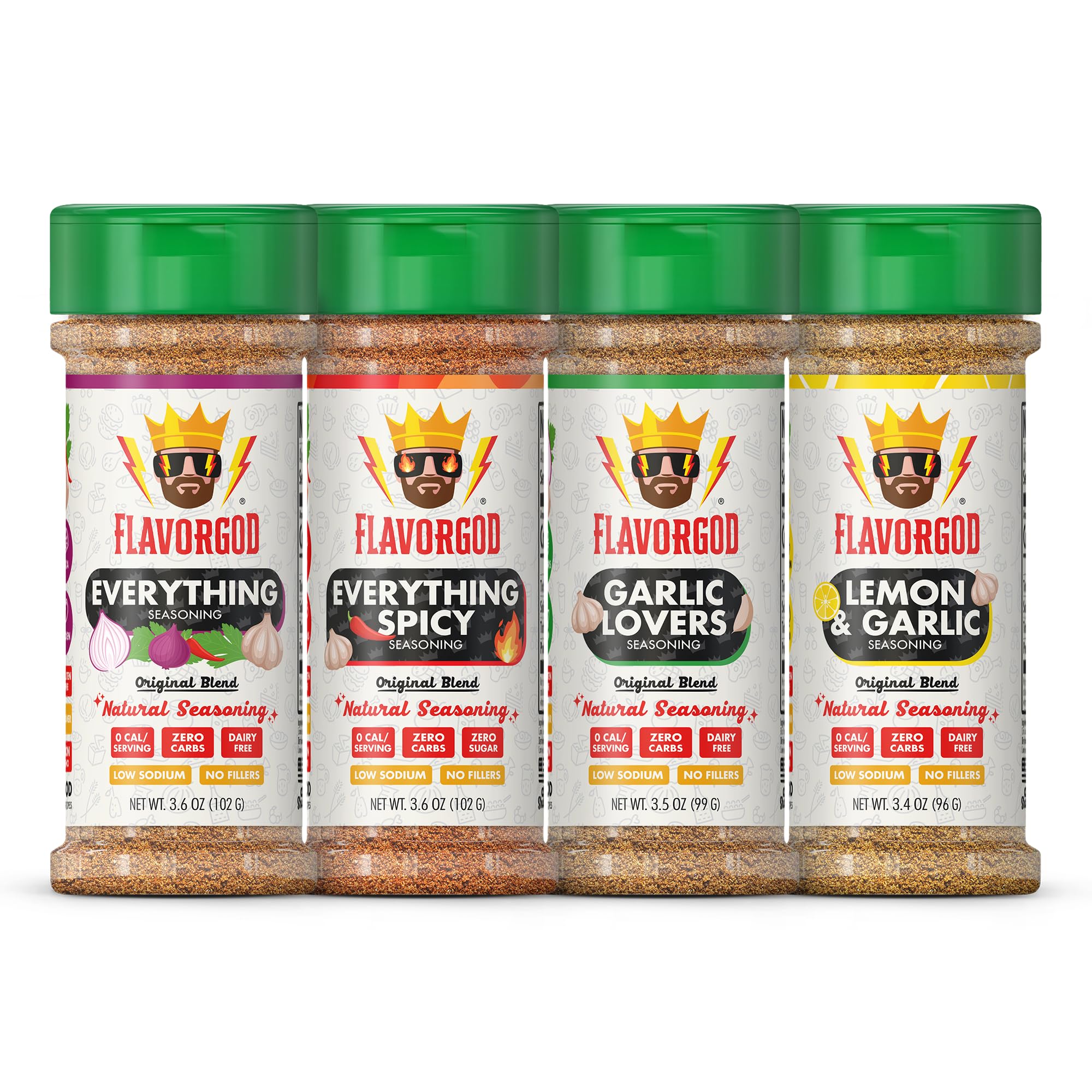 Flavor God front packaging showing four-seasoning jars and versatile use