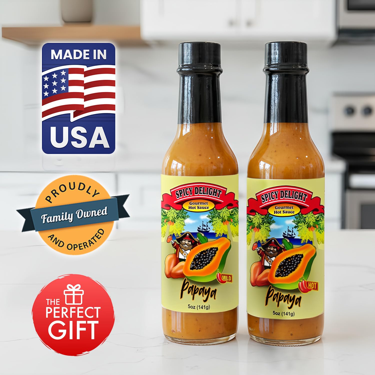 Flavor Pirate bottle on a tropical table setting emphasizing Caribbean-inspired meal elevation benefit