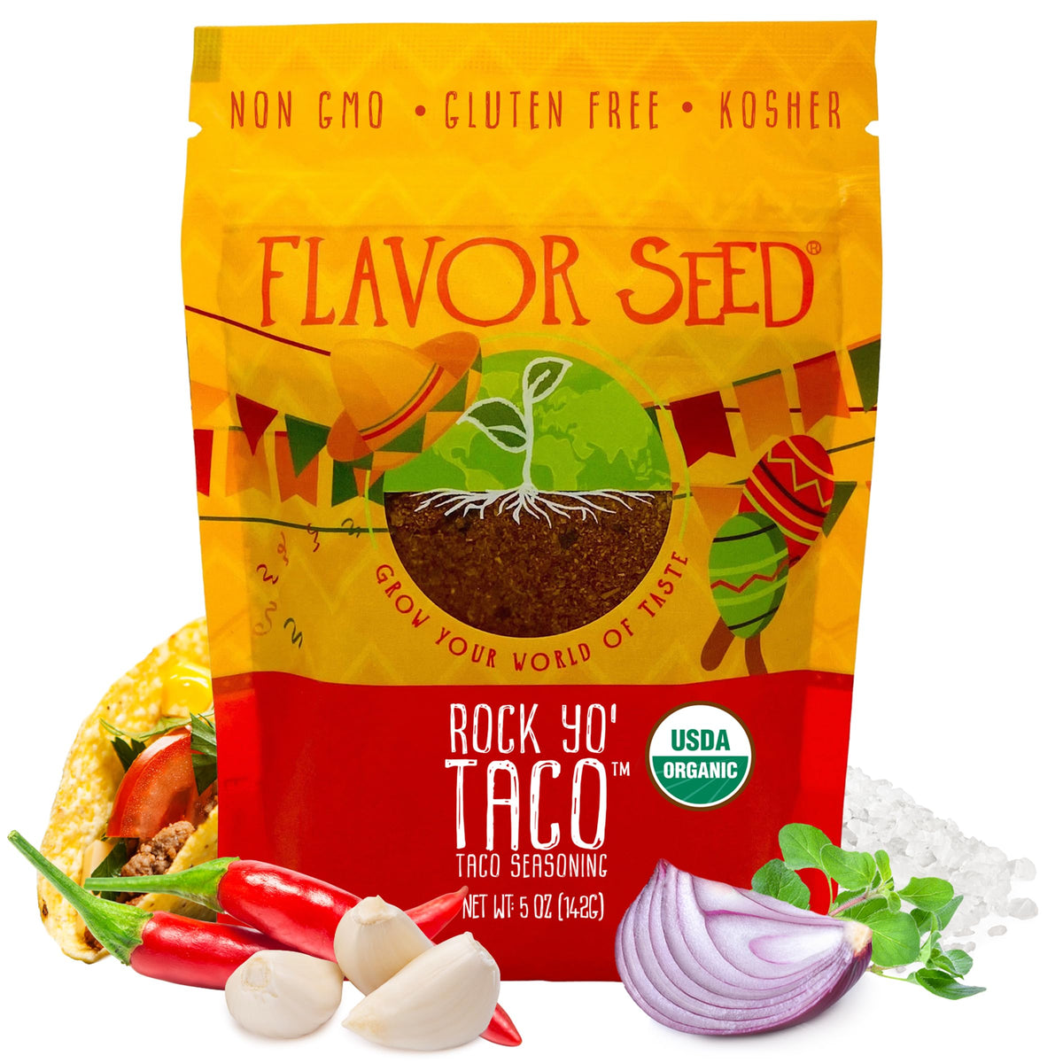 Flavor Seed front packaging showing Rock Yo' Taco, highlights organic label and bold flavor