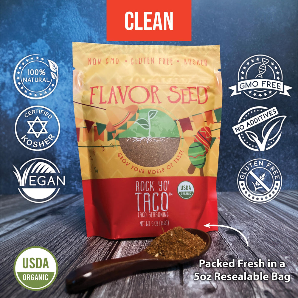 Flavor Seed seasoning sprinkled on cooked ground beef, enhances taco night taste
