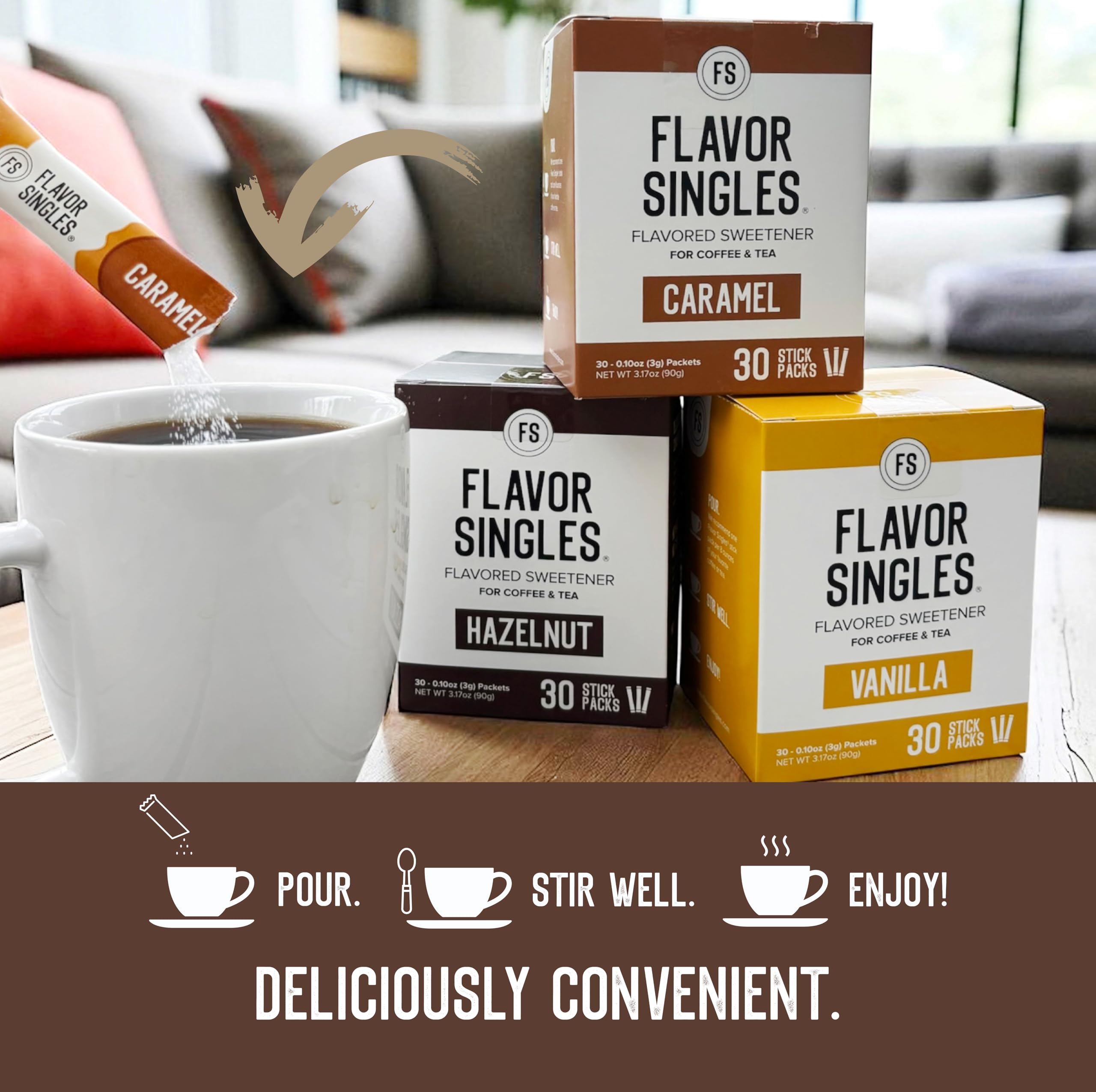 FLAVOR SINGLES hazelnut packet next to cup showcasing nutty taste enhancement