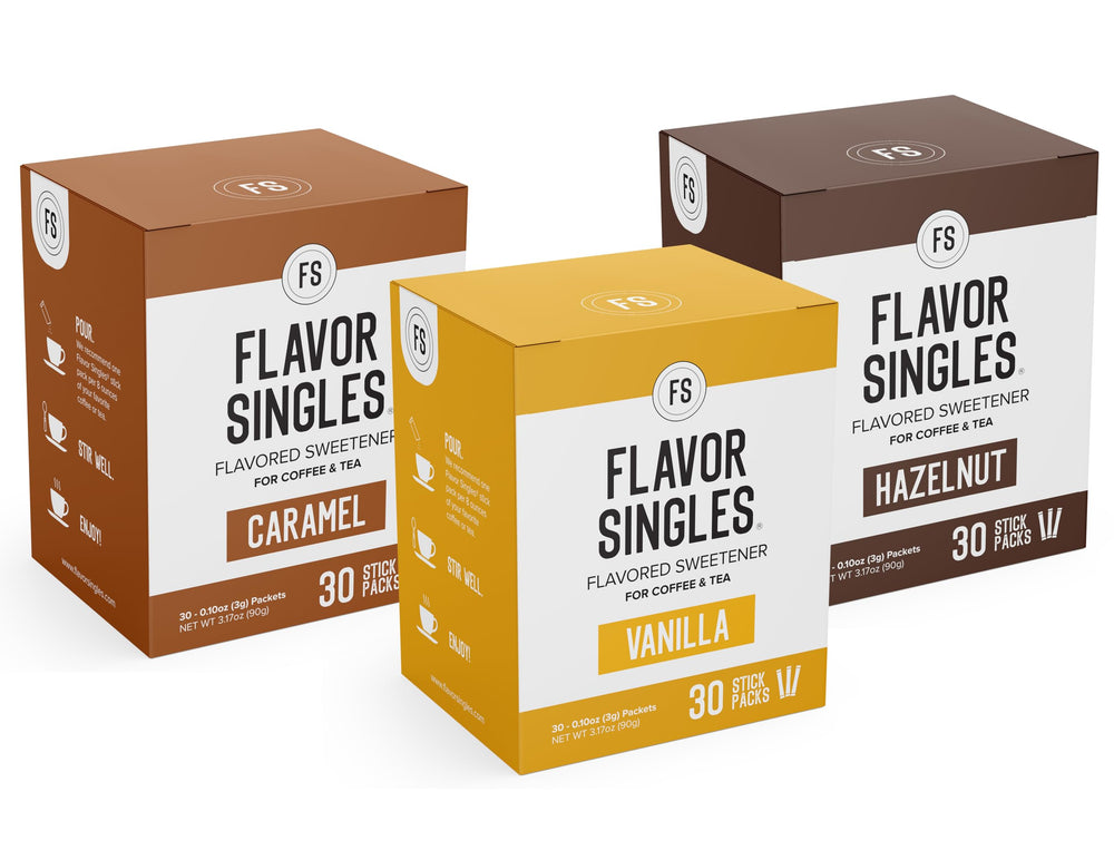 FLAVOR SINGLES three flavor packets laid out showing travel-ready convenience