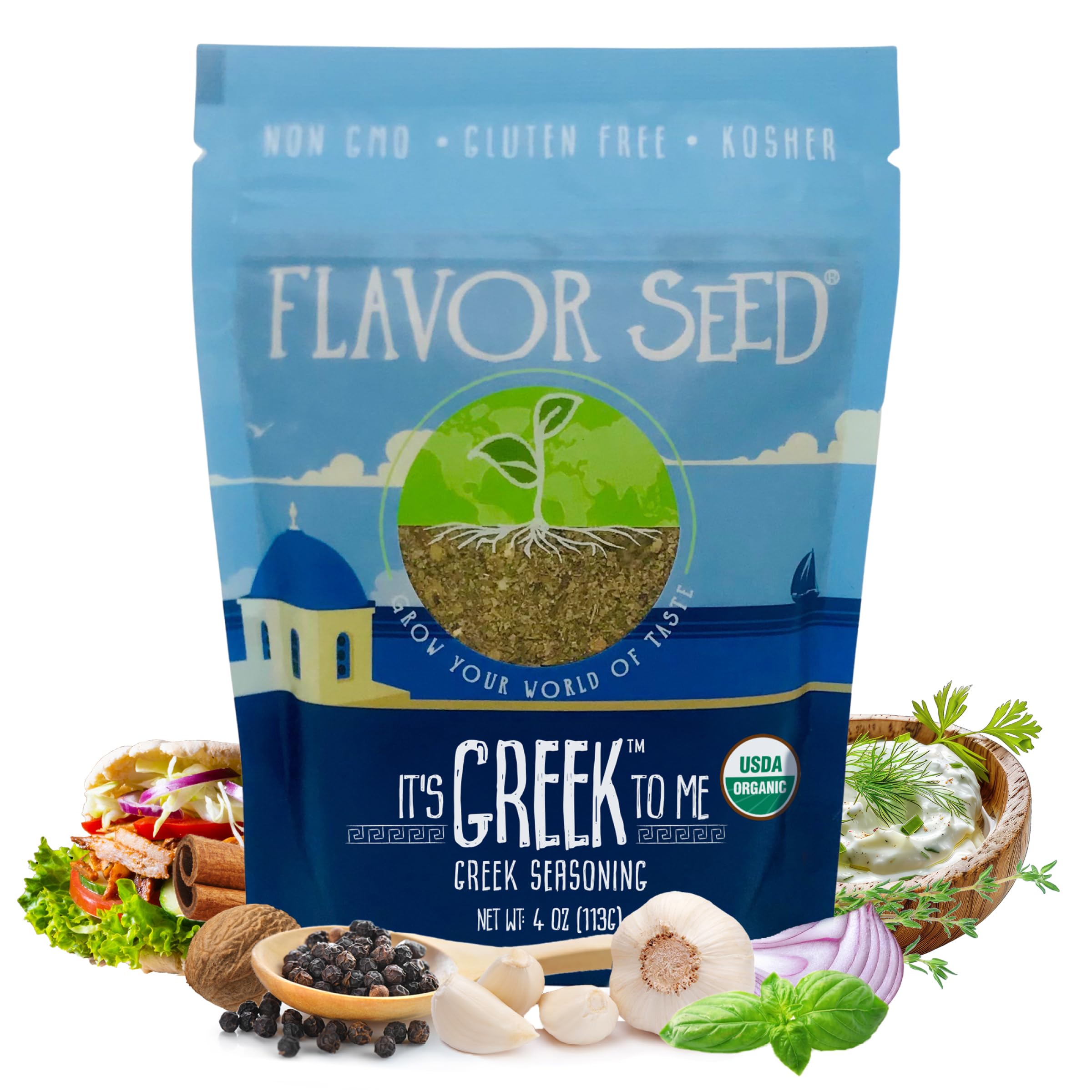 Flavor Seed front pouch showing organic Greek seasoning and pantry-ready design