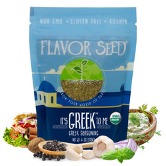 Flavor Seed front pouch showing organic Greek seasoning and pantry-ready design