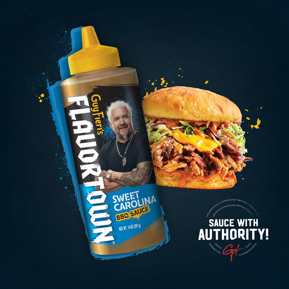 Flavortown bottle beside a 14 oz scale to show accurate size and servings