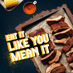 Flavortown rub sprinkled on pork ribs, demonstrates enhanced crust and smoky appeal