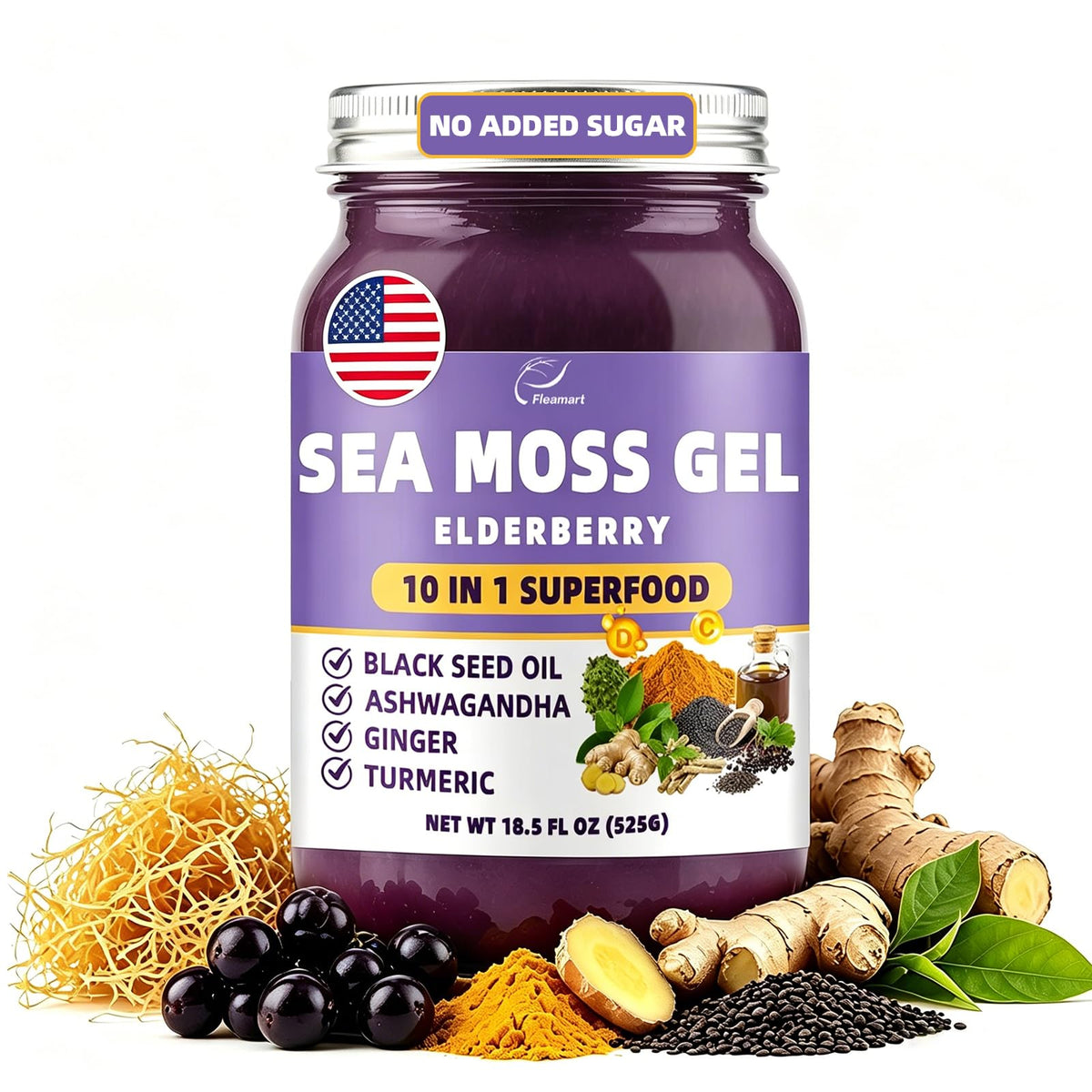 Fleamart jar front view showing seamoss gel and jar label for easy identification