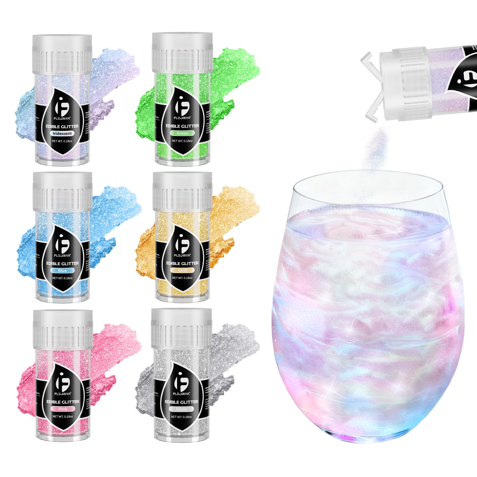Fleoriya front packaging showing six colorful edible glitter bottles and variety benefit