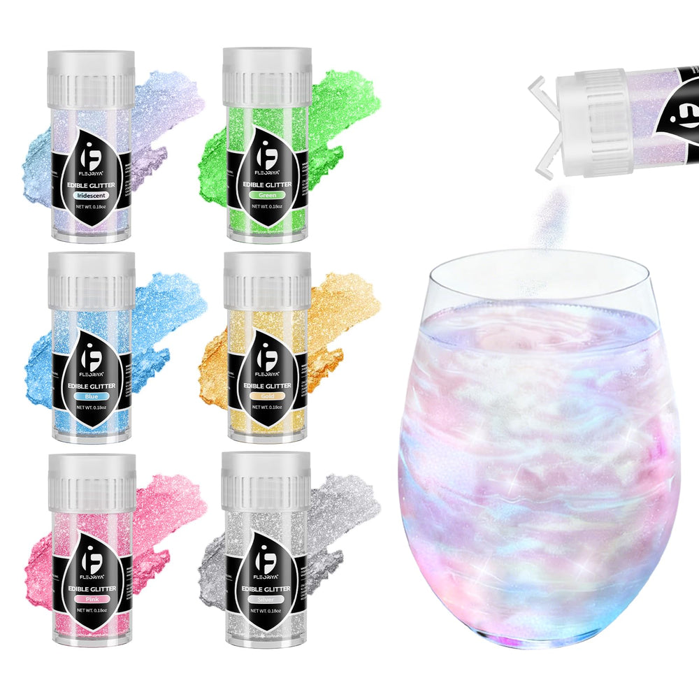 Fleoriya front packaging showing six colorful edible glitter bottles and variety benefit