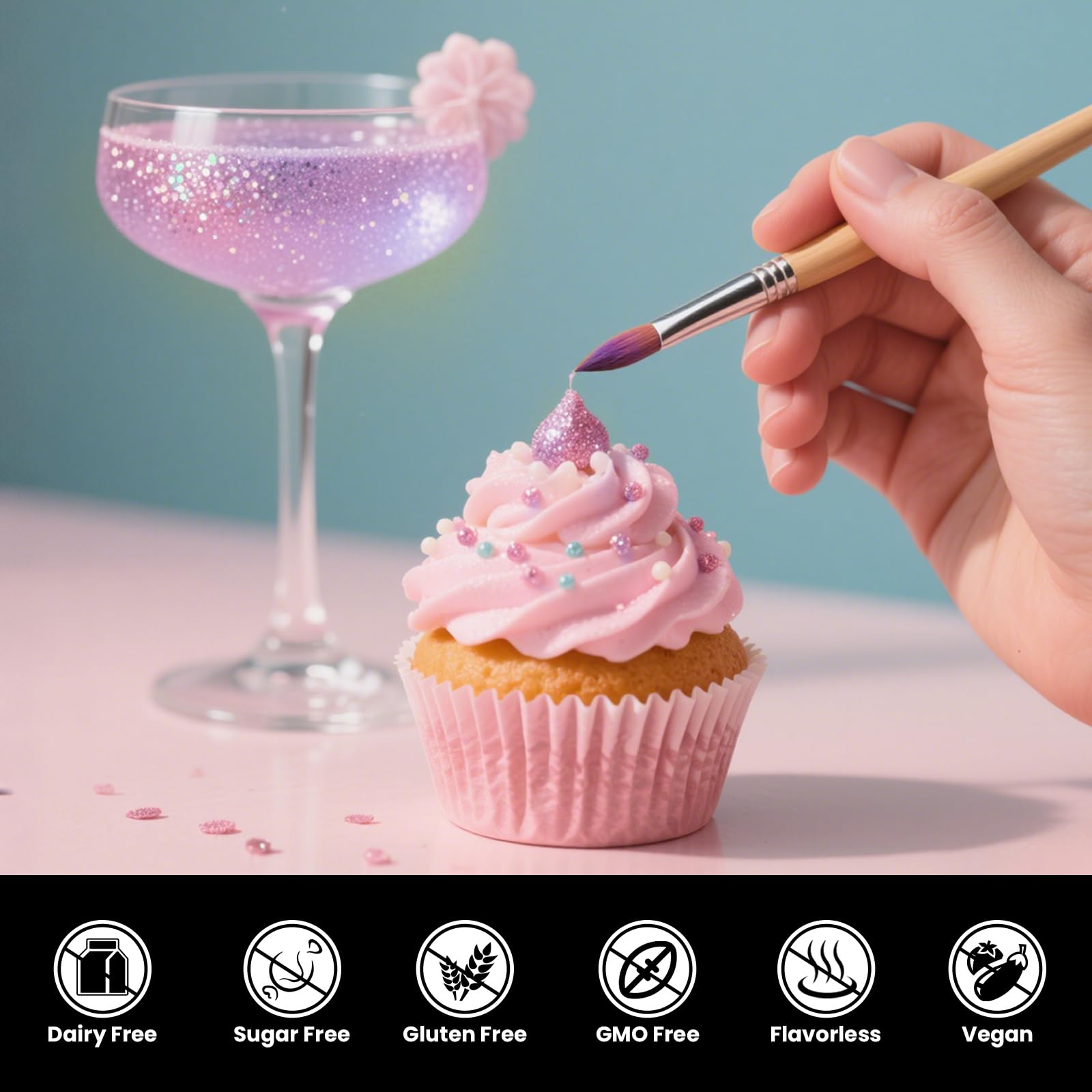 Fleoriya glitter being poured into a cocktail showing sparkle effect and visual impact benefit