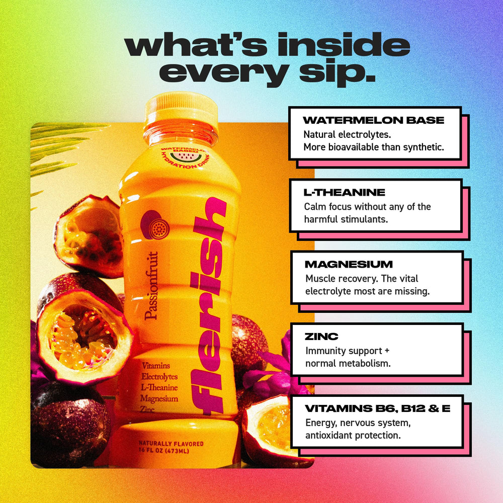 FLERISH nutritional label visible highlighting ingredients and electrolyte benefits