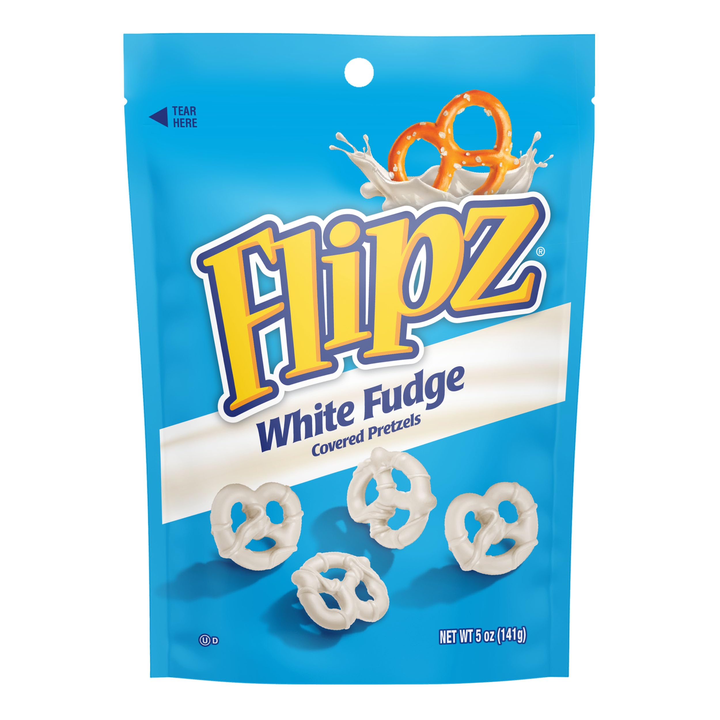 FLIPZ opened bag spilling white fudge covered pretzels ready to eat for convenient snacking