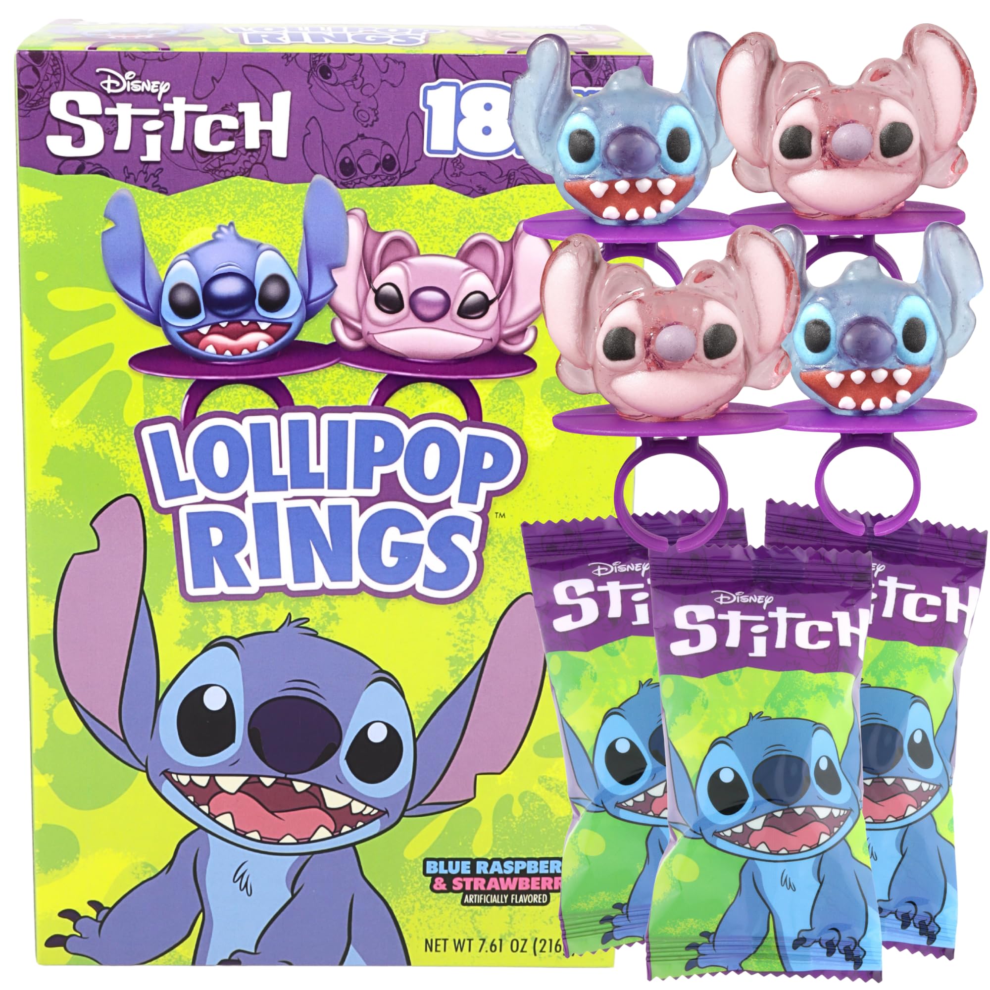 Flix Candy front box of Lilo and Stitch lollipop rings showing packaging and quantity benefit