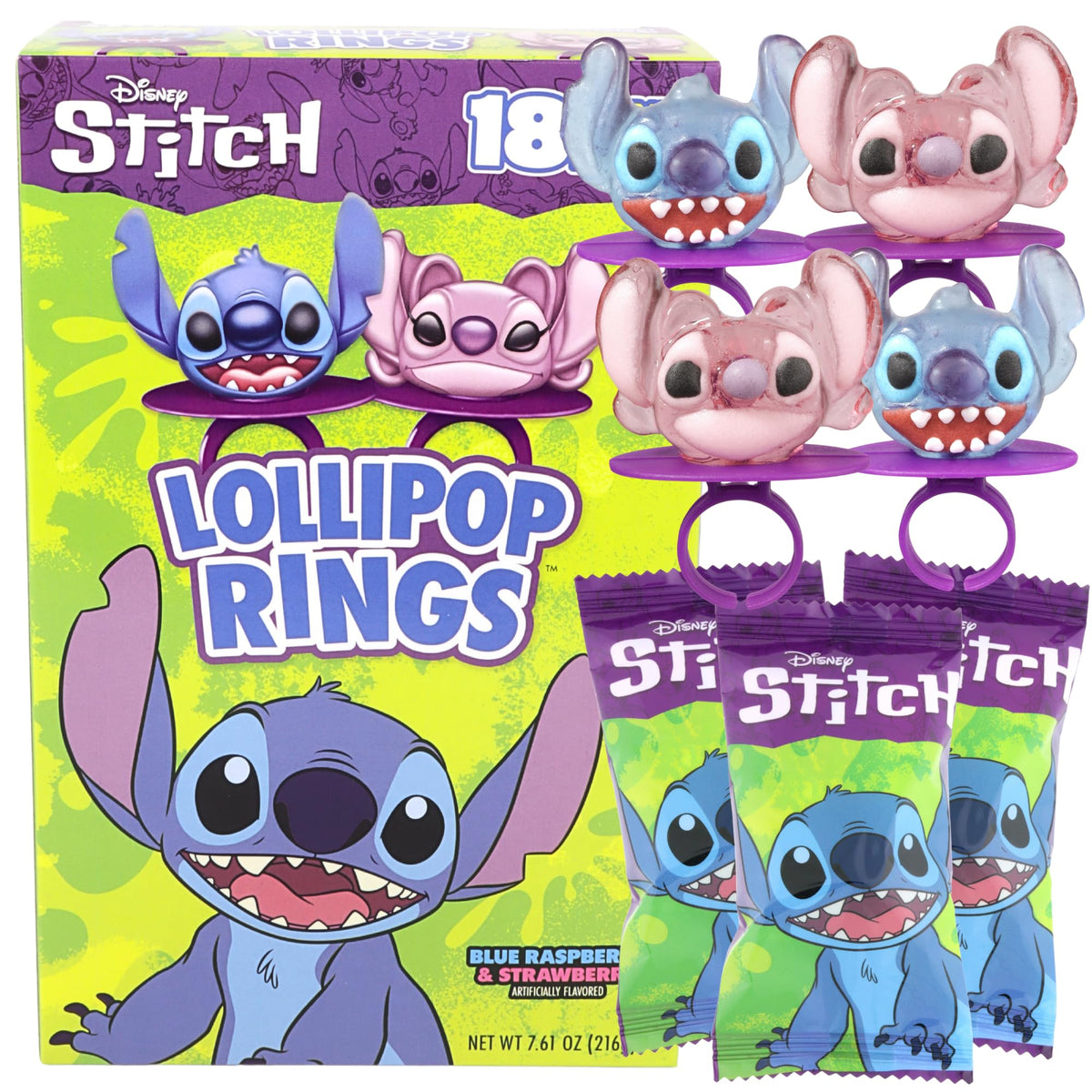 Flix Candy front box of Lilo and Stitch lollipop rings showing packaging and quantity benefit