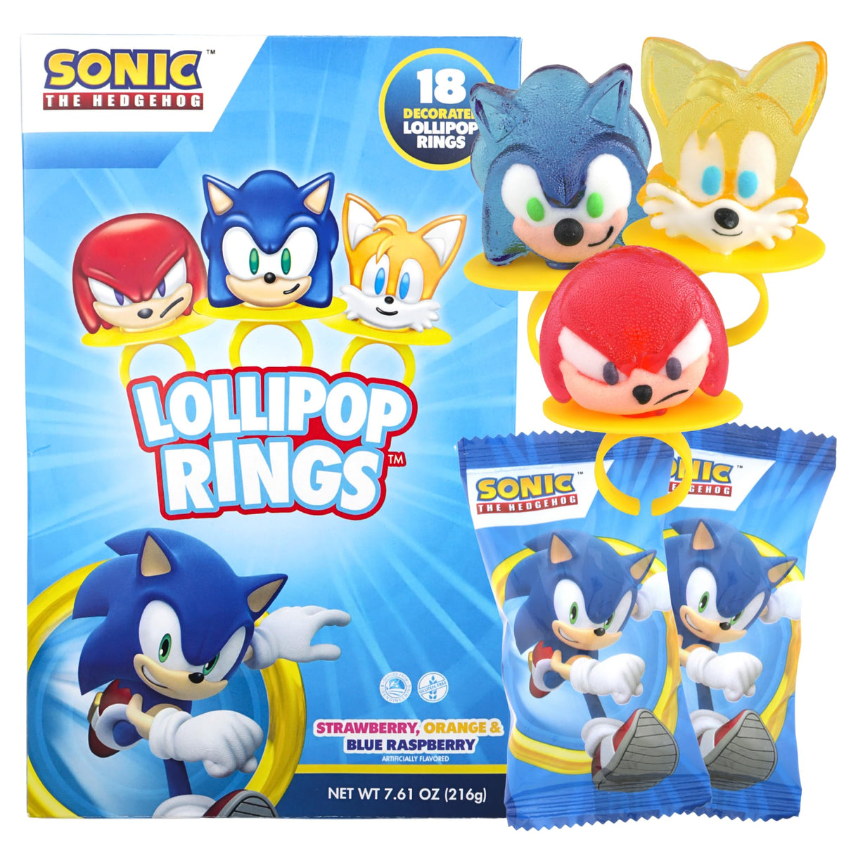 Flix Candy front packaging showing Sonic faces and 18-count for easy party planning