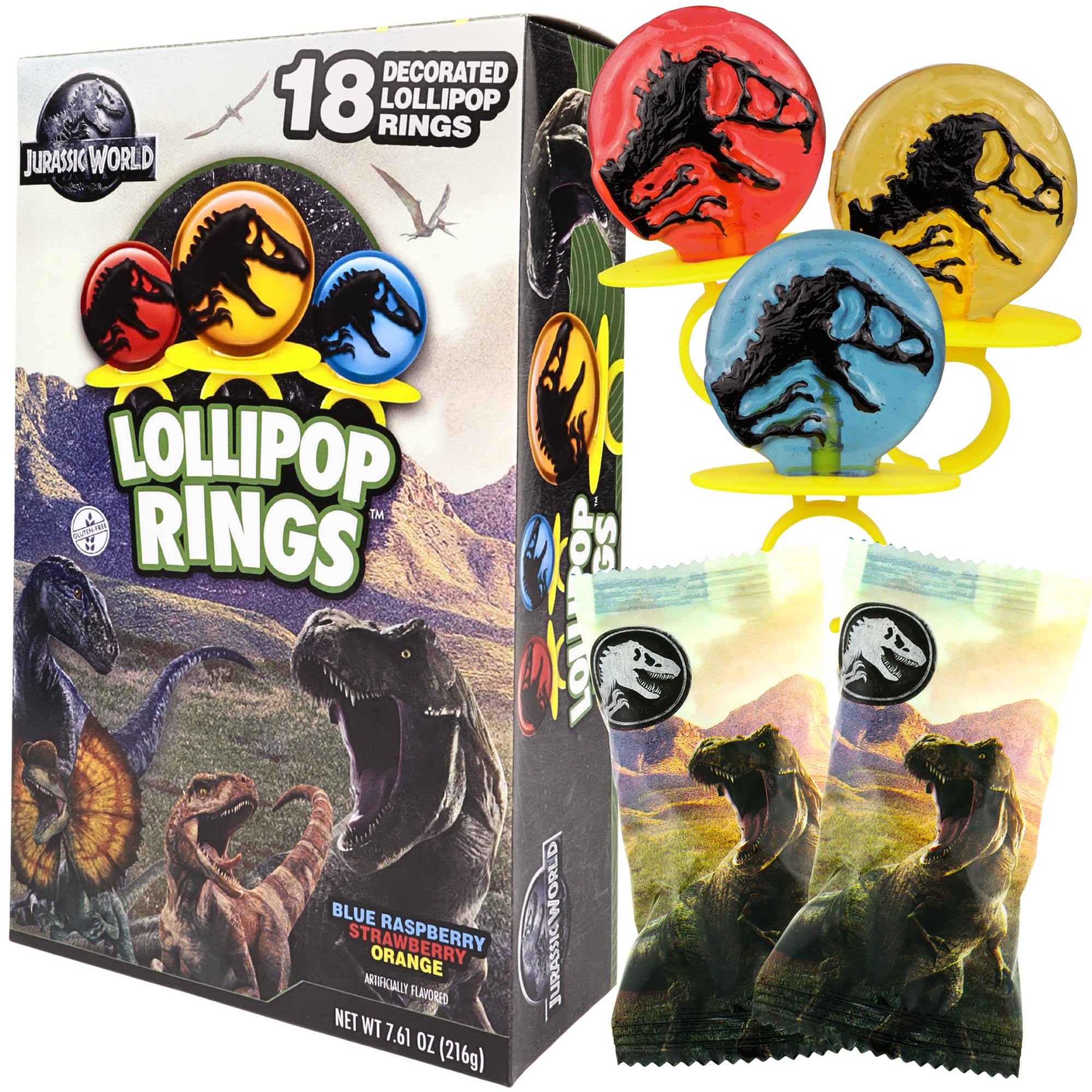 Flix Candy front packaging showing Jurassic World design and colorful rings for easy party planning