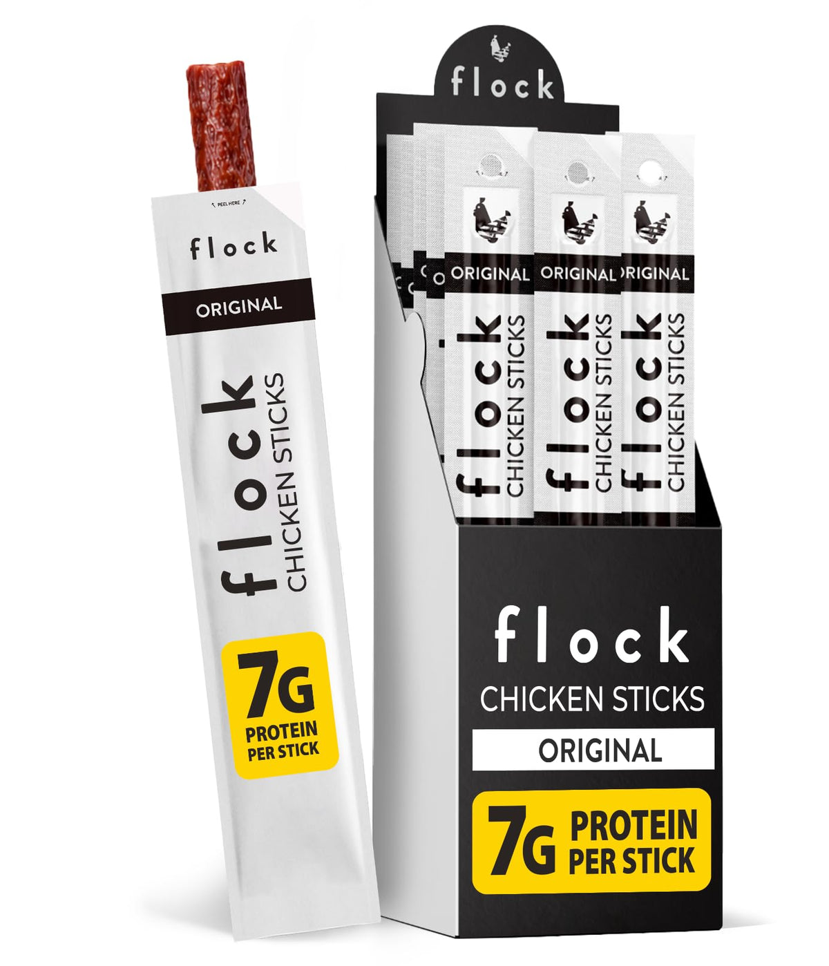 Flock front packaging showing 10-count chicken sticks for convenient protein