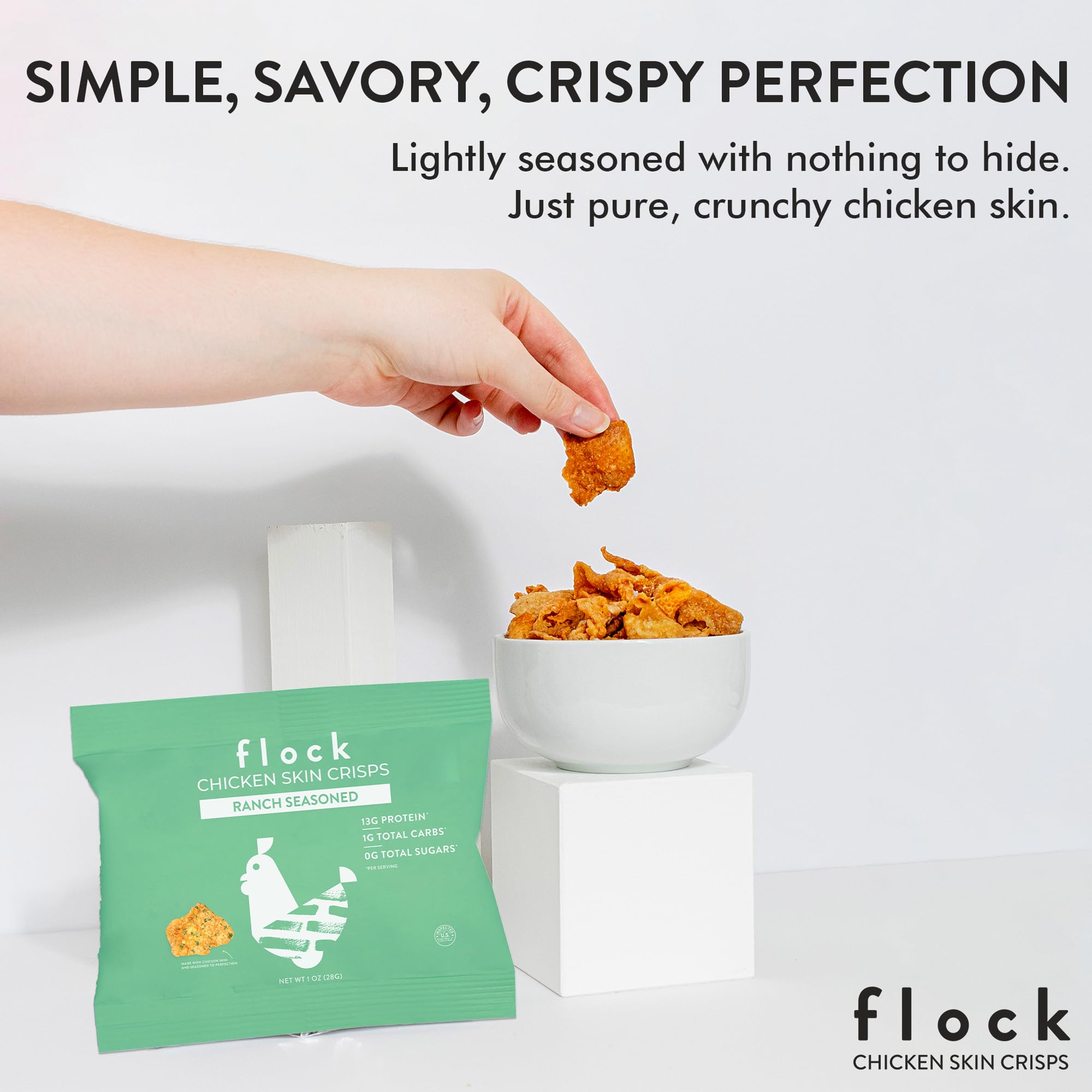 Flock ranch open bag with chicken chips visible offering portable protein