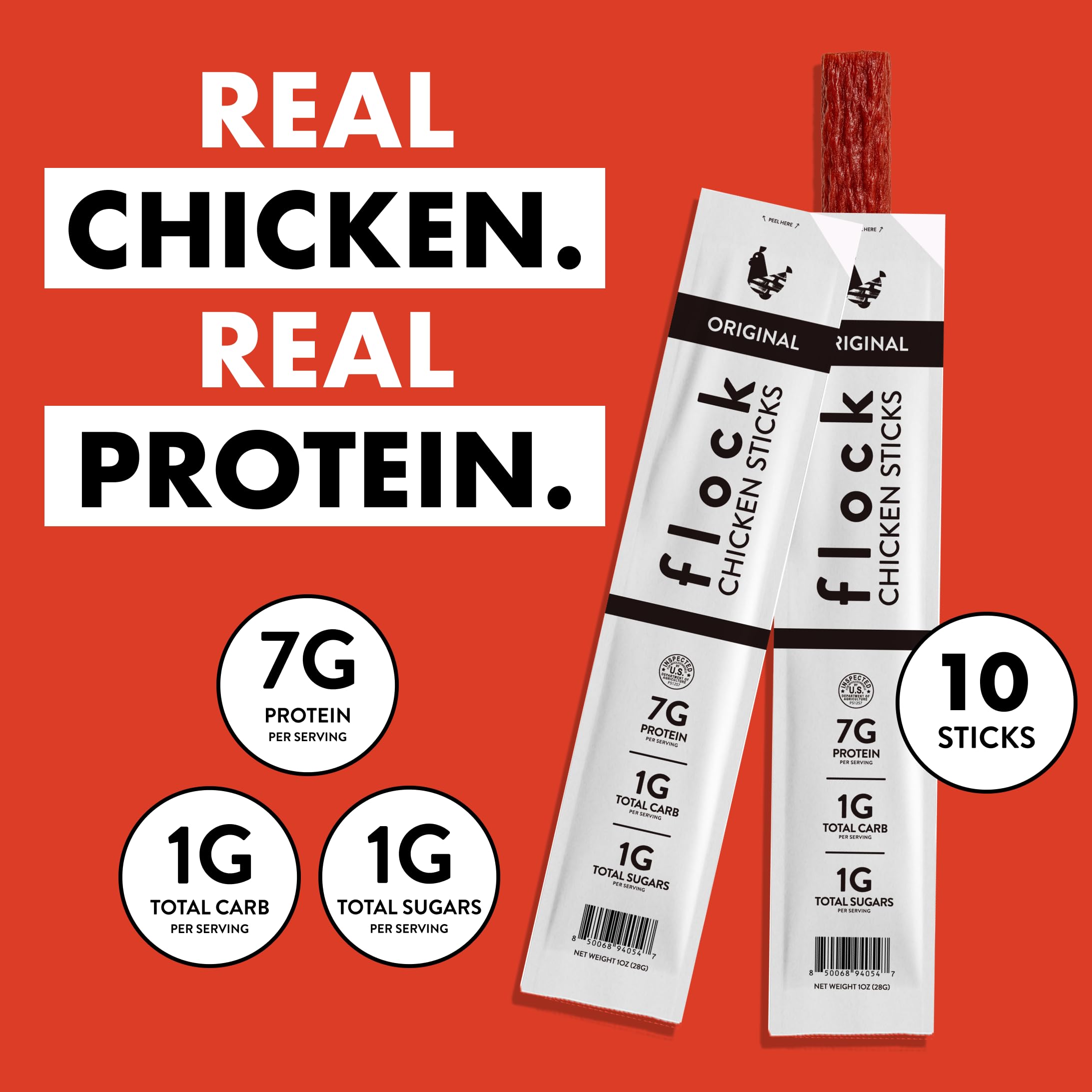 Flock texture close-up of chicken stick showing tender lean meat quality