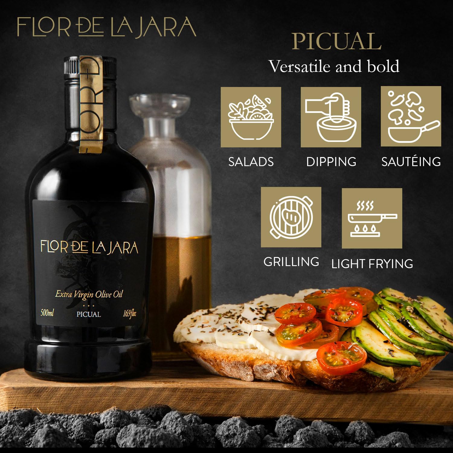 FLOR DE LA JARA bottle on counter in kitchen illustrating everyday cooking usefulness