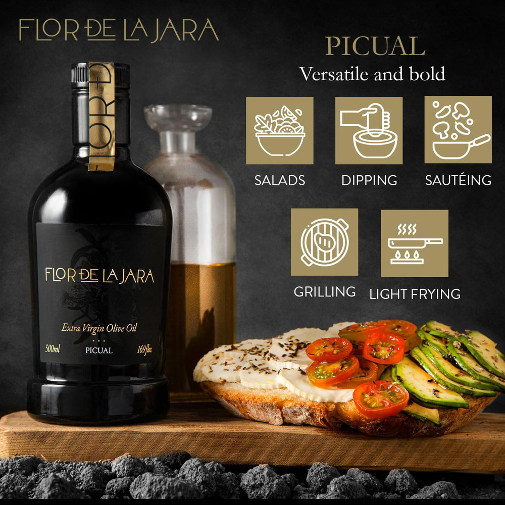 FLOR DE LA JARA bottle on counter in kitchen illustrating everyday cooking usefulness