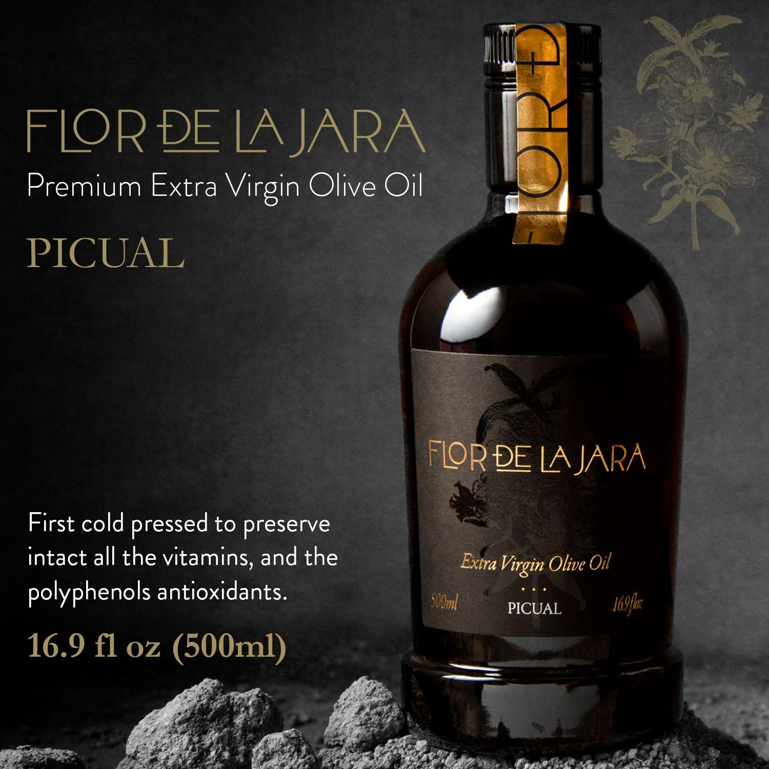 FLOR DE LA JARA label closeup highlighting cold‑pressed Picual origin and traceability