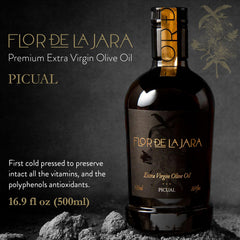 FLOR DE LA JARA label closeup highlighting cold‑pressed Picual origin and traceability