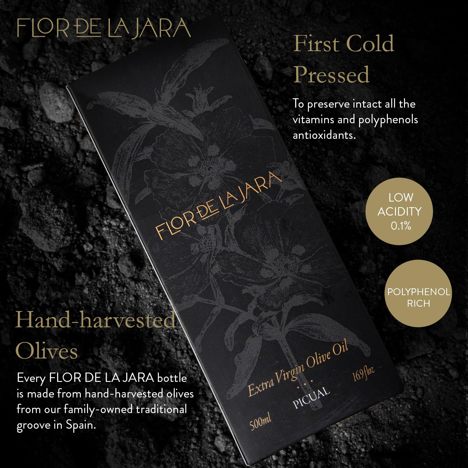 FLOR DE LA JARA oil texture on spoon displaying viscosity and glossy mouthfeel