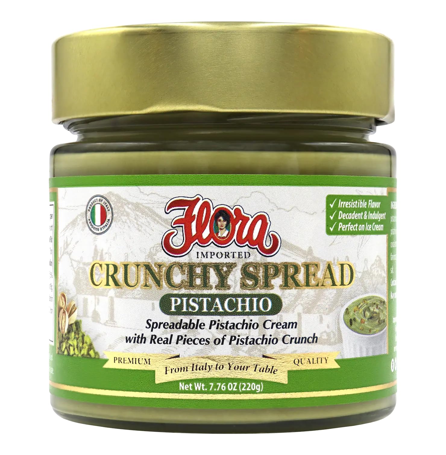 Flora Fine Foods jar front label showing imported Italian pistachio spread and benefits