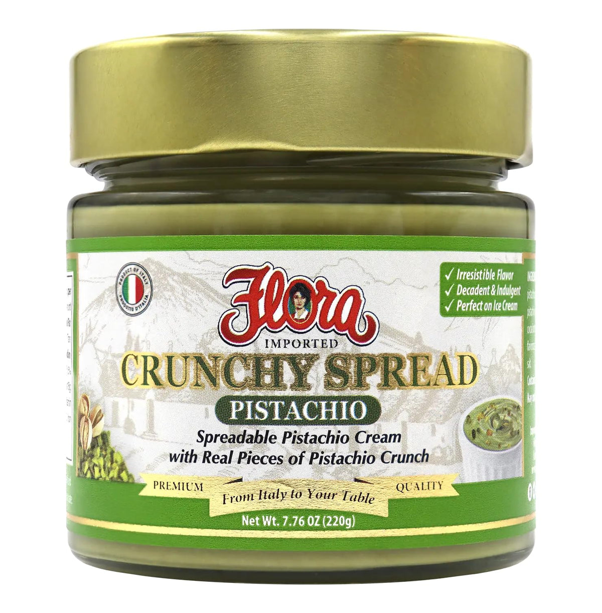 Flora Fine Foods jar front label showing imported Italian pistachio spread and benefits