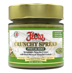 Flora Fine Foods jar front label showing imported Italian pistachio spread and benefits