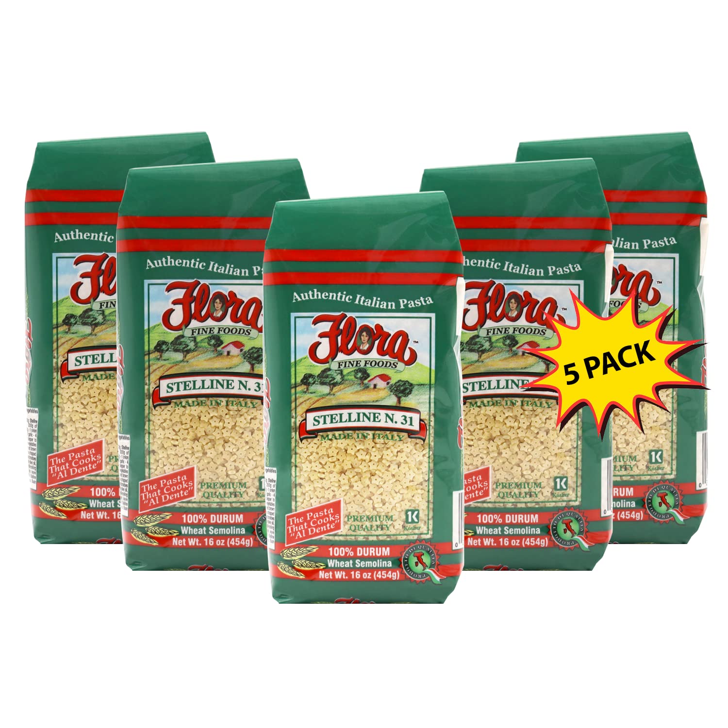 Flora Fine Foods front packaging showing five-pack and product name for pantry storage benefit